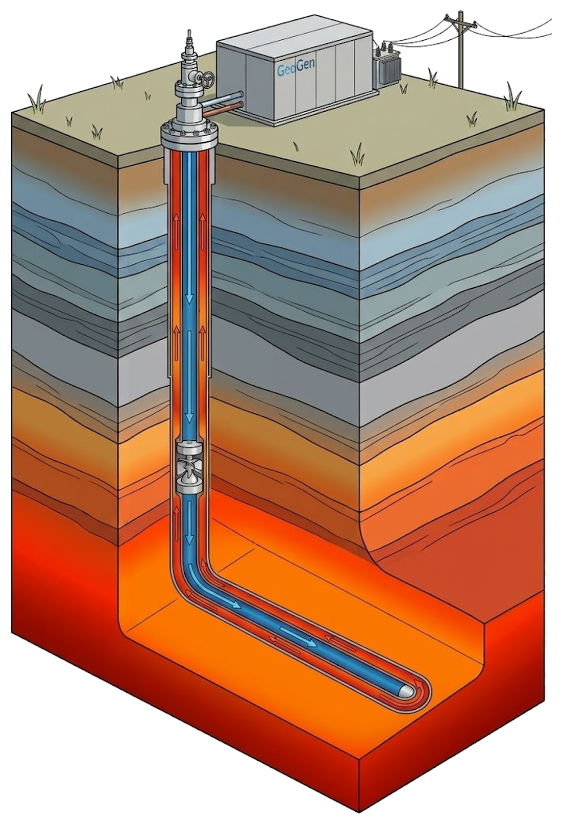 Single sealed coaxial well cutaway: cold fluid descends, downhole turbine generates power near the heat, heated fluid rises by thermosiphon to a compact GeoGen surface package